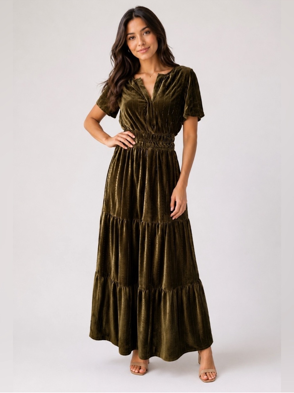 TAYLOR Olive Green Velvet Tiered Maxi Dress XS